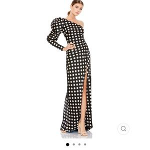Ieena Mac Duggal Polka Dot One Shoulder Puff Sleeve High Slit Gown Maxi Dress